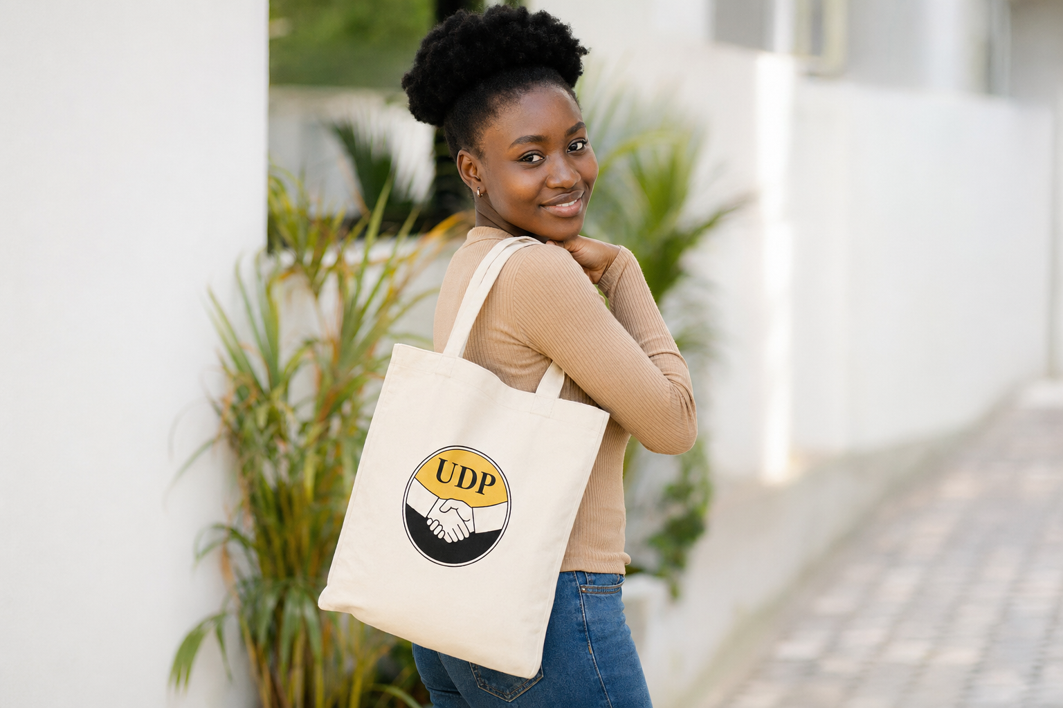 UDP tote bag carried by supporter